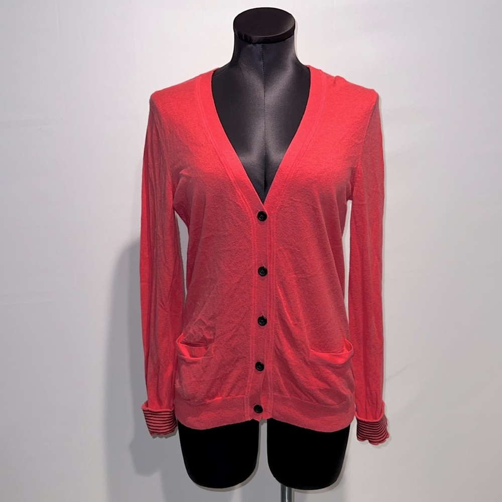 GAP Hot Pink V-neck Button sweater with Black stripe interior hem & sleeves.